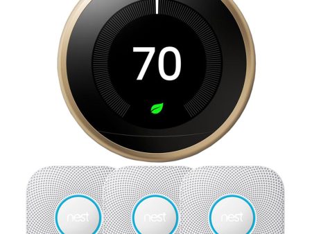 Google Nest Learning Thermostat 3rd Gen, Brass w  3x Protect Smoke and CO Alarm on Sale