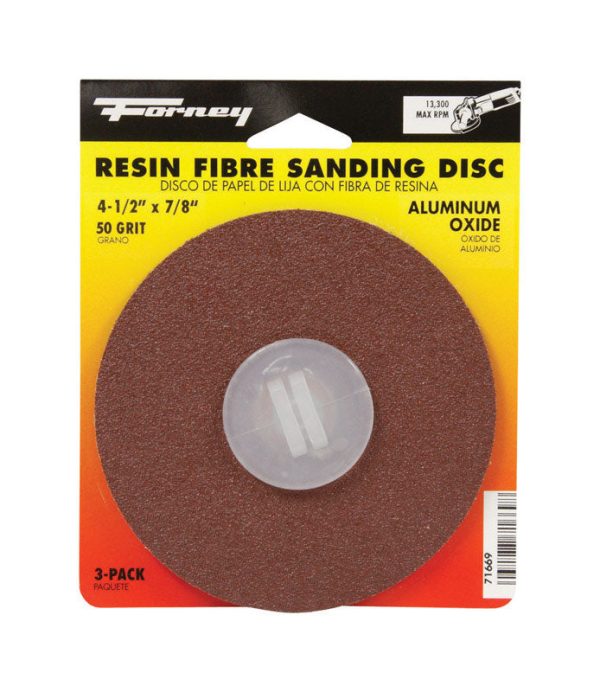 Forney 4.5 in. Aluminum Oxide Resin Fibre Sanding Disc 50 Grit 3 pk For Sale