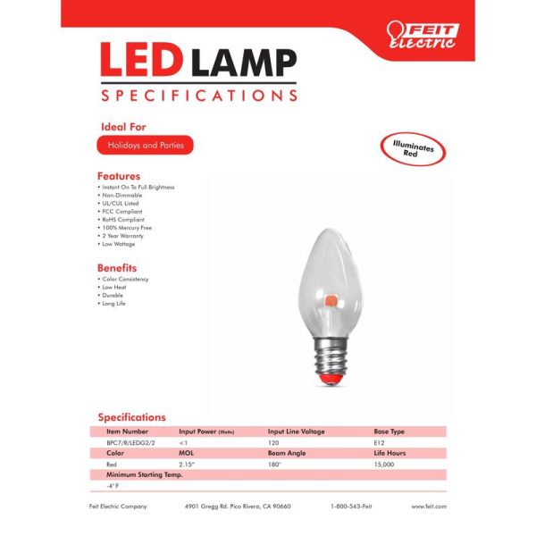 Feit LED Specialty C7 E12 (Candelabra) LED Bulb Red 0.25 Watt Equivalence 2 pk Fashion