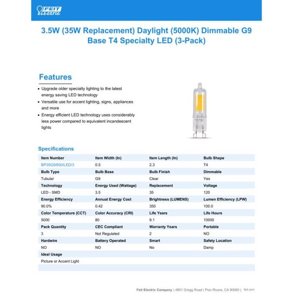 Feit LED Specialty T4 G9 LED Bulb Daylight 35 Watt Equivalence 3 pk Fashion