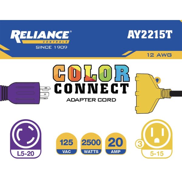 Reliance Controls Color Connect 12 3 SJTW 125 V 12 in. L Splitter Cord Discount